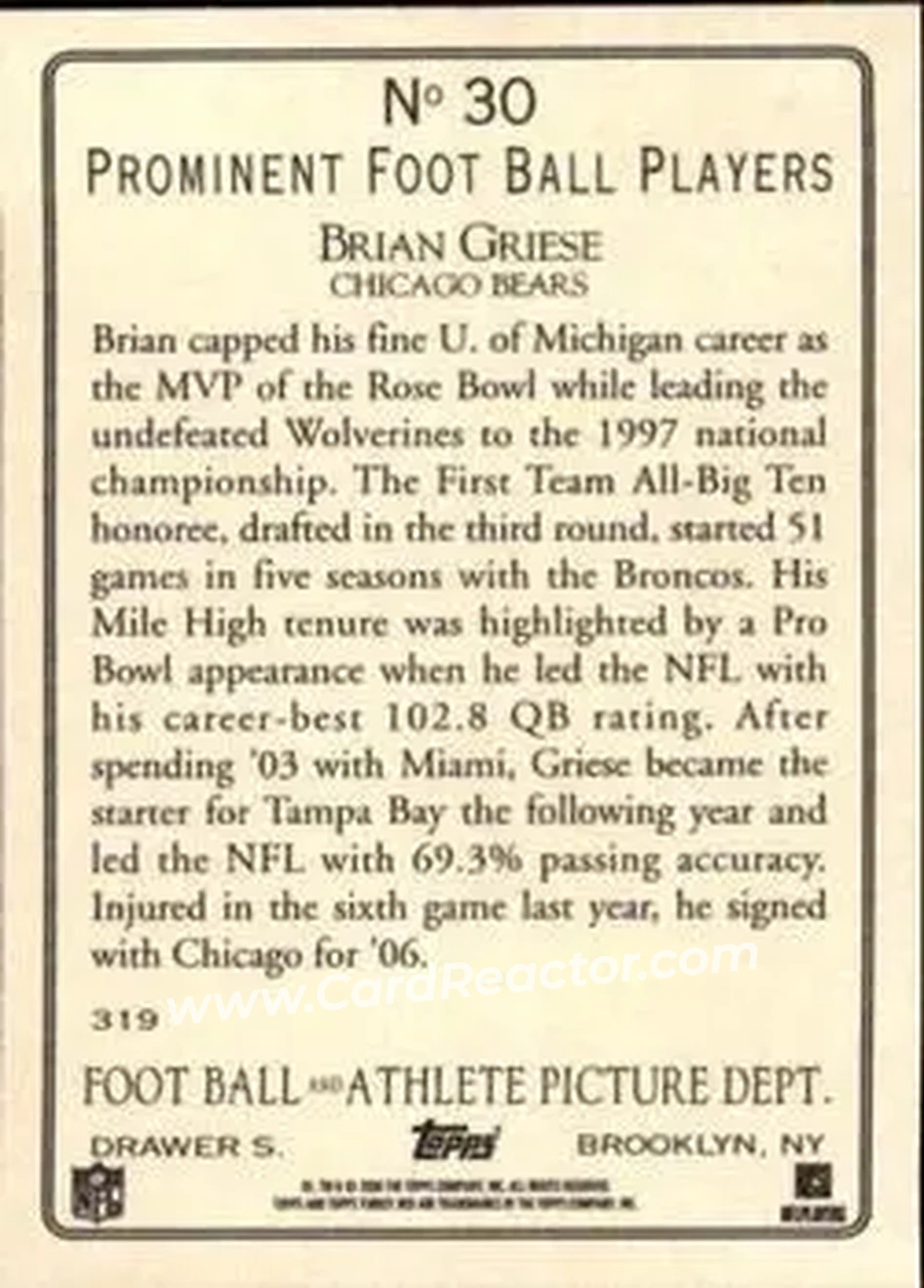 2006 Topps Turkey Red #30 - Brian Griese - Chicago Bears - Back
