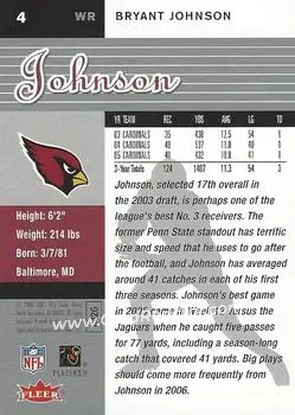 2006 Ultra #4 - Bryant Johnson - Arizona Cardinals - Back
