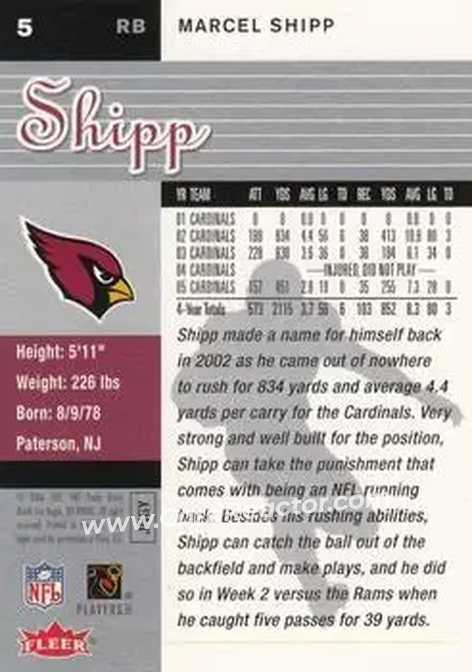 2006 Ultra #5 - Marcel Shipp - Arizona Cardinals - Back