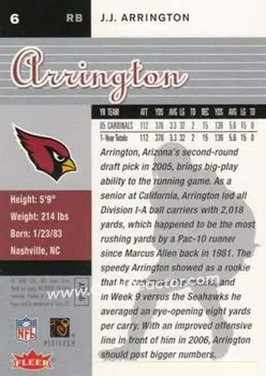 2006 Ultra #6 - J.J. Arrington - Arizona Cardinals - Back