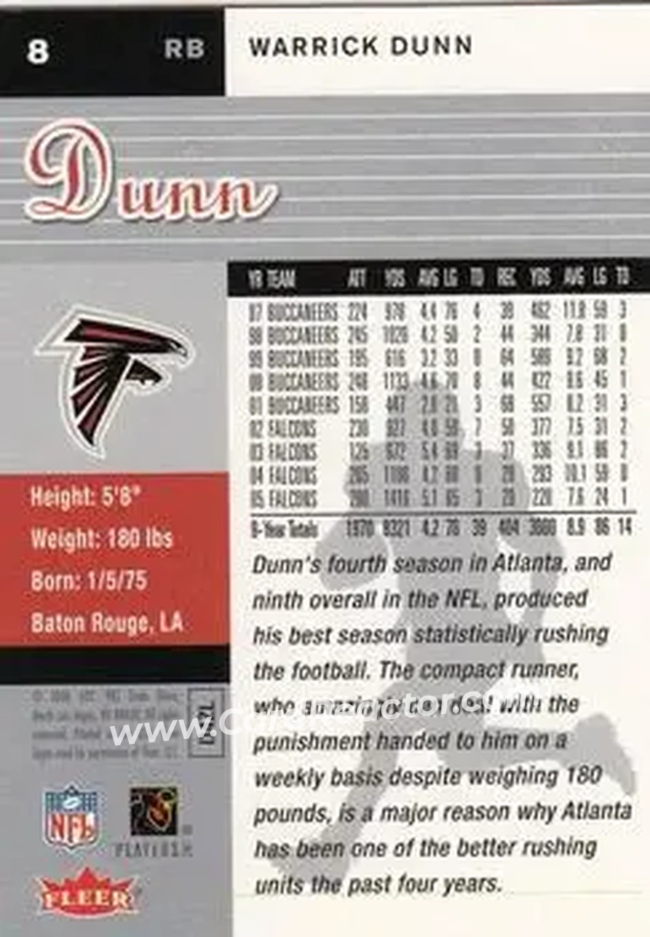 2006 Ultra #8 - Warrick Dunn - Atlanta Falcons - Back