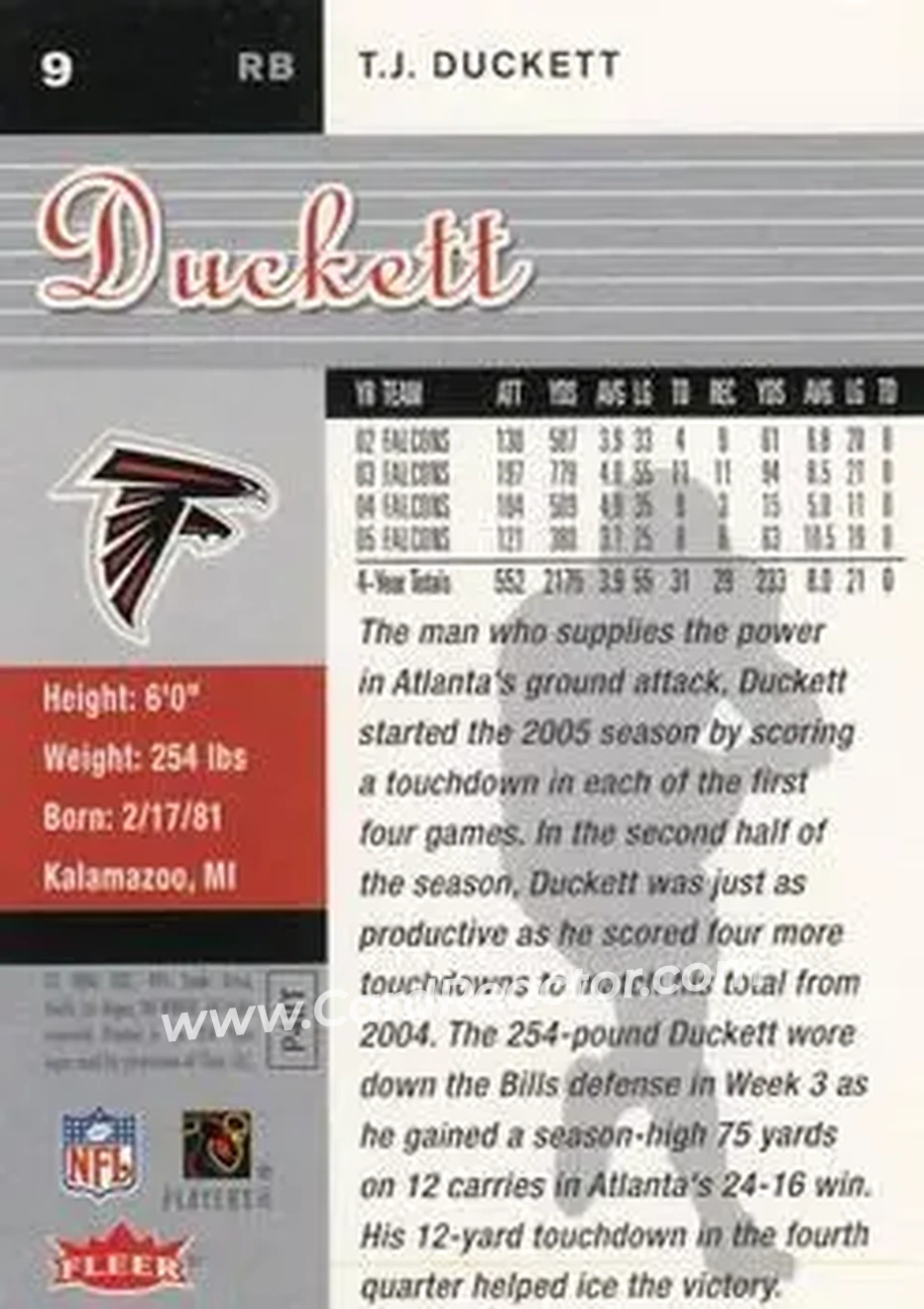 2006 Ultra #9 - T.J. Duckett - Atlanta Falcons - Back