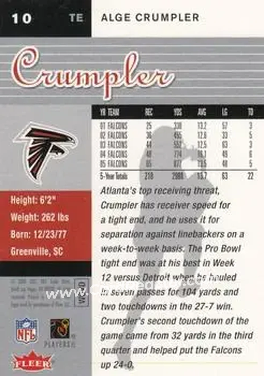 2006 Ultra #10 - Alge Crumpler - Atlanta Falcons - Back