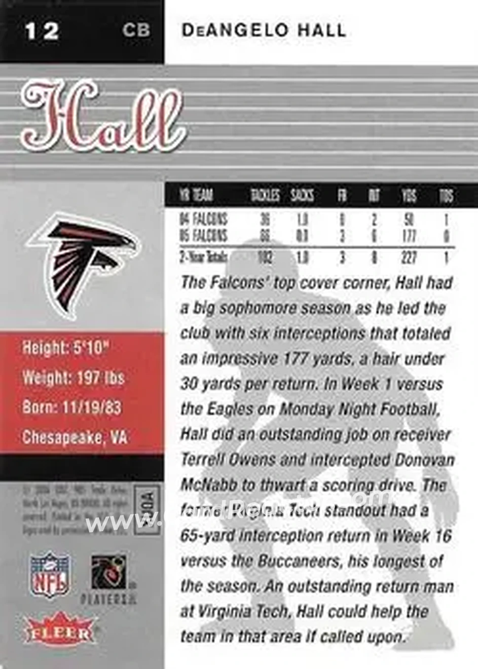 2006 Ultra #12 - DeAngelo Hall - Atlanta Falcons - Back