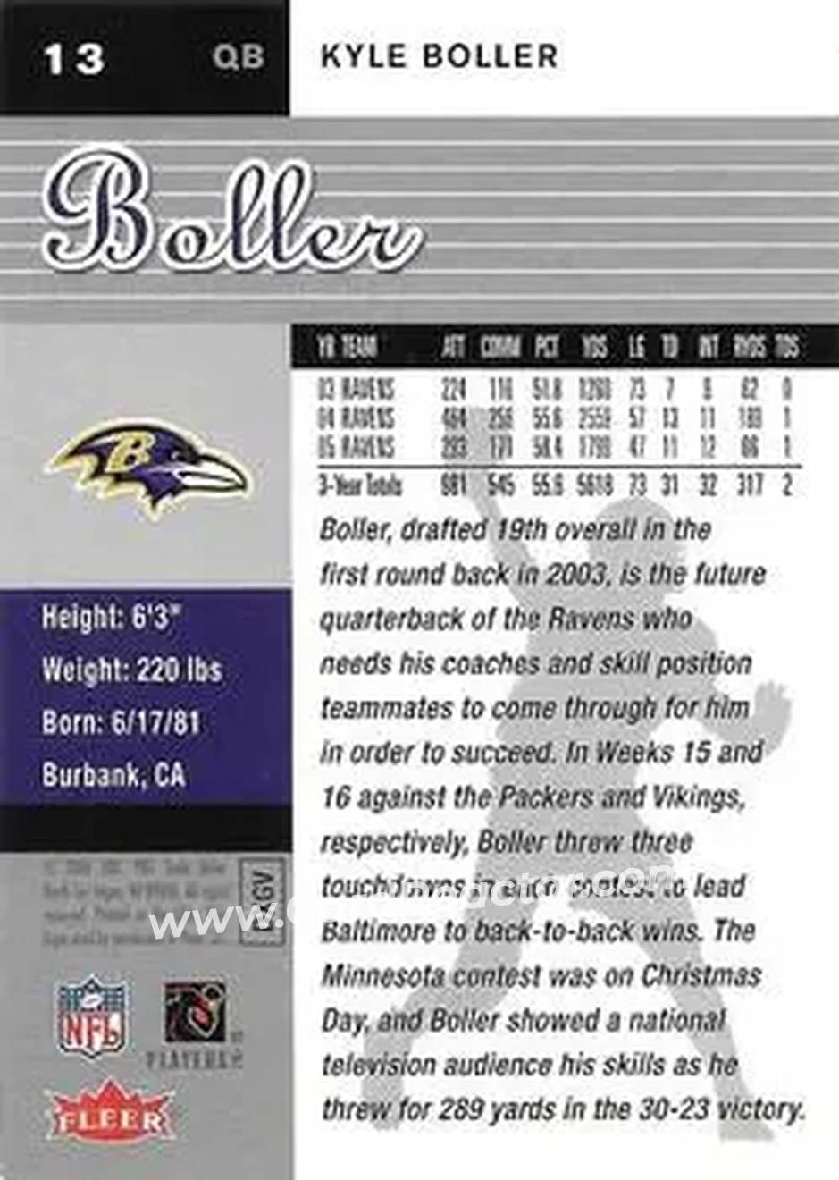 2006 Ultra #13 - Kyle Boller - Baltimore Ravens - Back