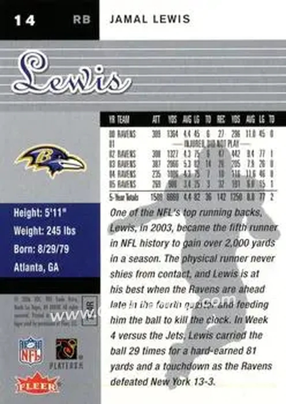 2006 Ultra #14 - Jamal Lewis - Baltimore Ravens - Back