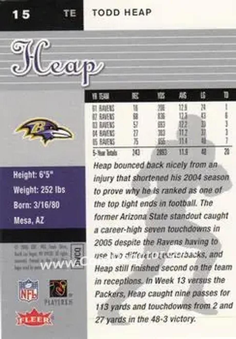 2006 Ultra #15 - Todd Heap - Baltimore Ravens - Back
