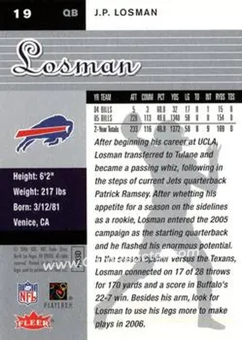 2006 Ultra #19 - J.P. Losman - Buffalo Bills - Back