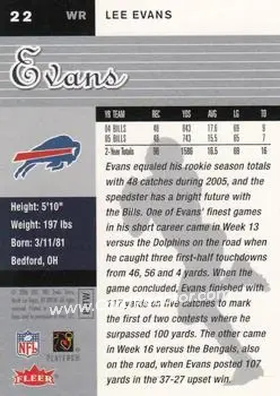 2006 Ultra #22 - Lee Evans - Buffalo Bills - Back