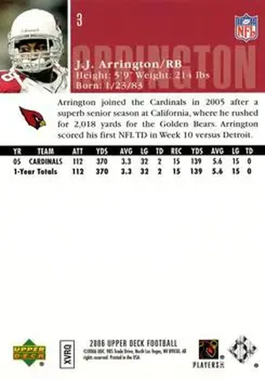 2006 Upper Deck #3 - J.J. Arrington - Arizona Cardinals - Back