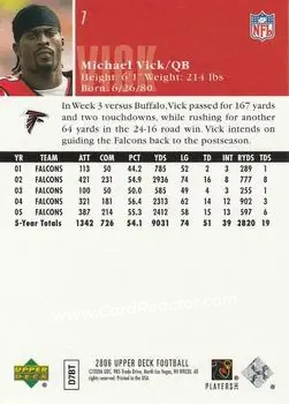 2006 Upper Deck #7 - Michael Vick - Atlanta Falcons - Back