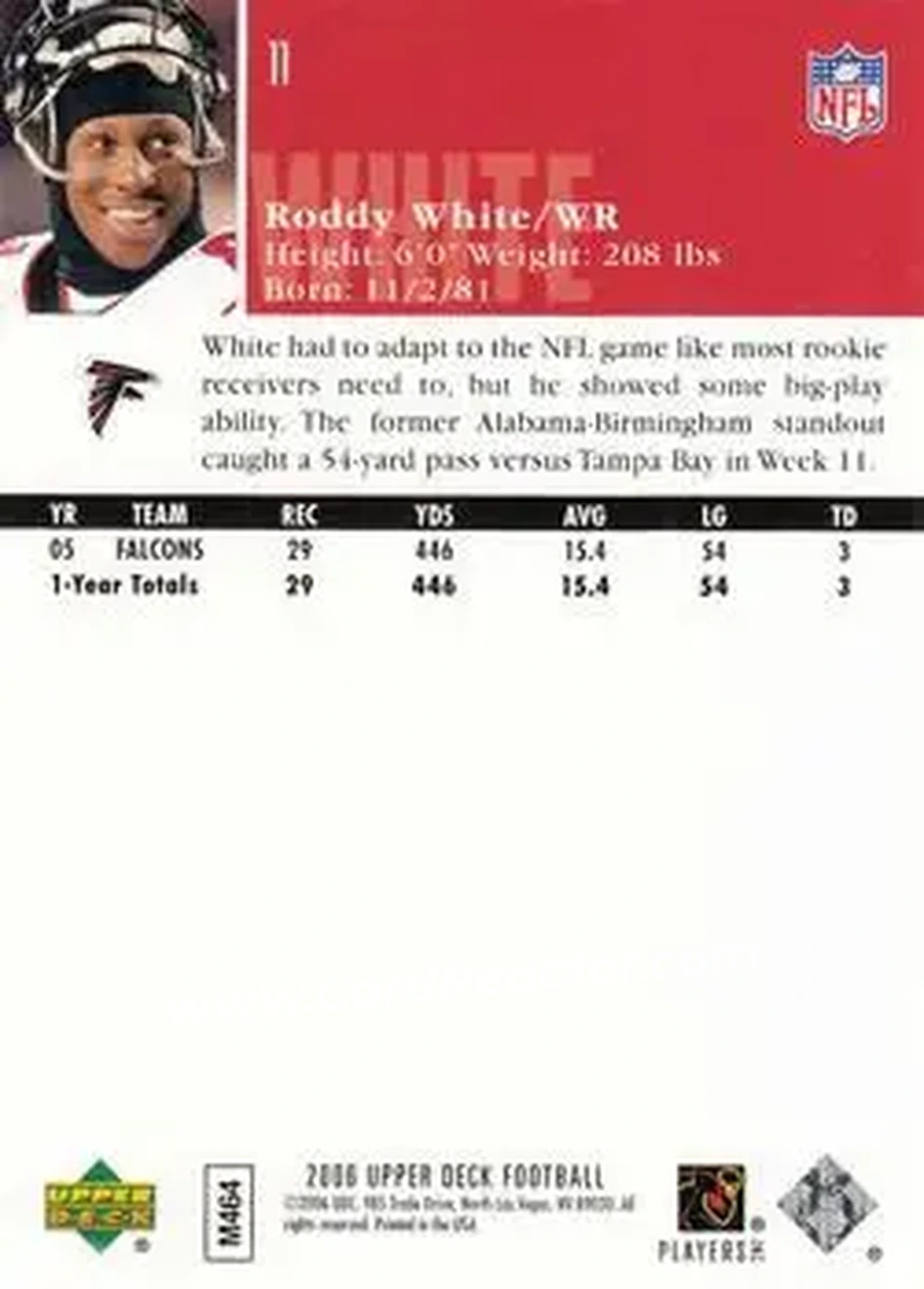 2006 Upper Deck #11 - Roddy White - Atlanta Falcons - Back