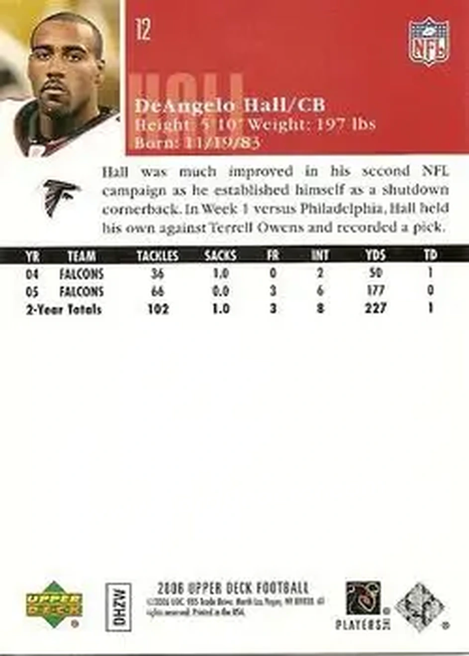 2006 Upper Deck #12 - DeAngelo Hall - Atlanta Falcons - Back