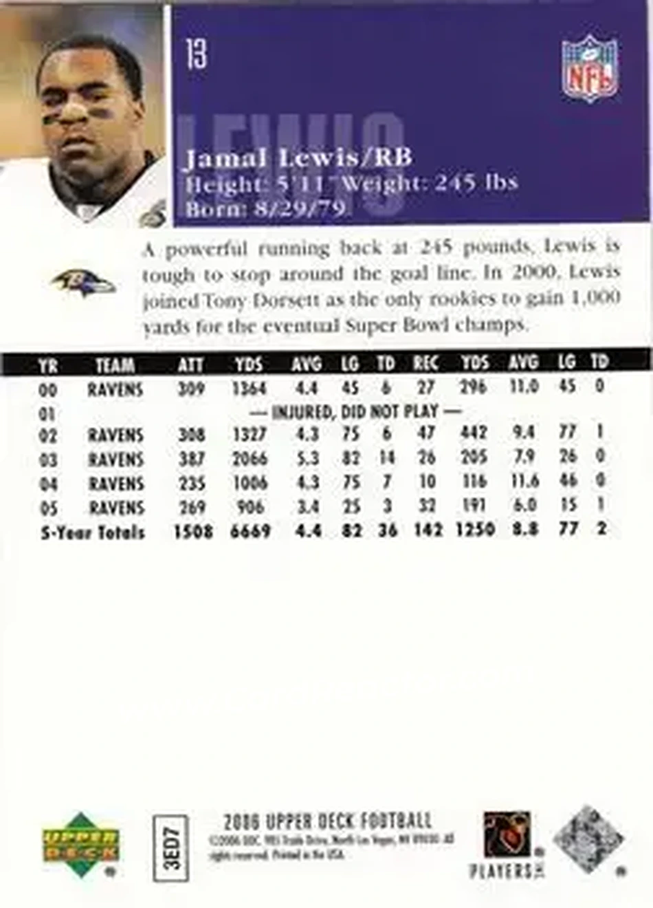2006 Upper Deck #13 - Jamal Lewis - Baltimore Ravens - Back
