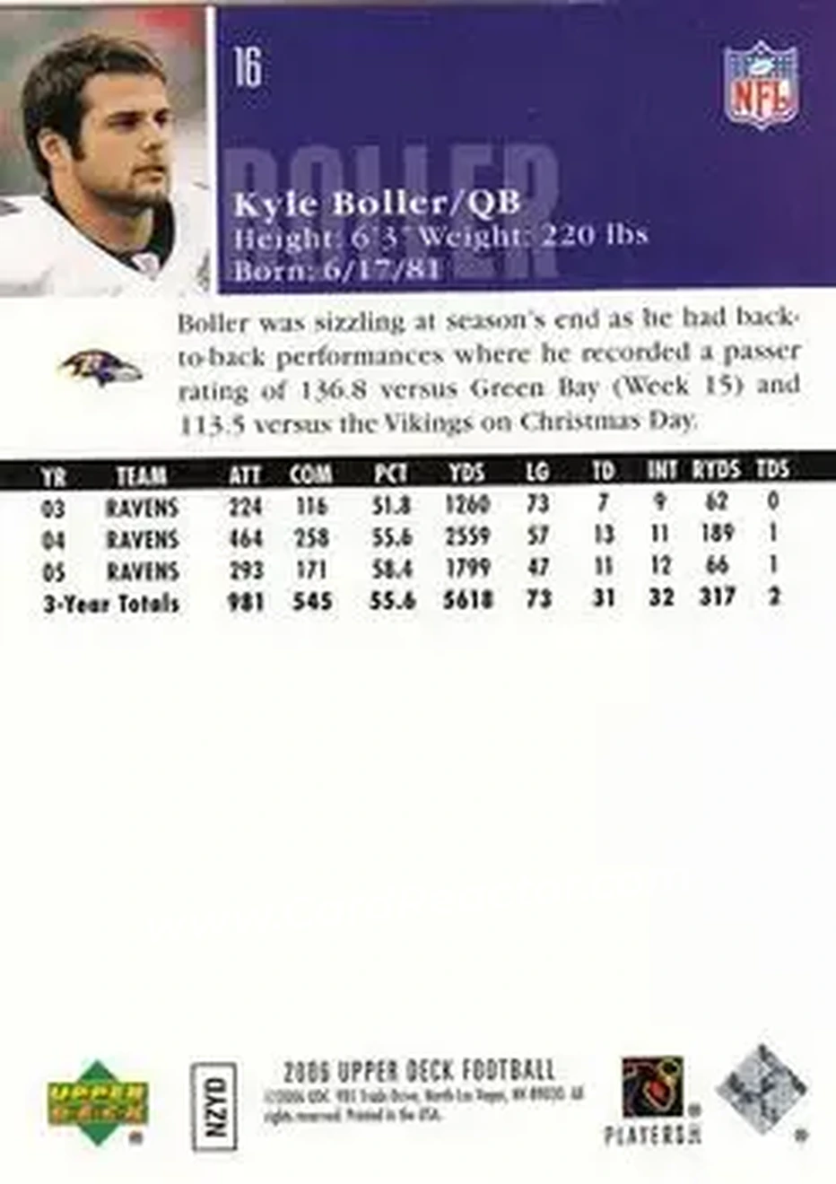2006 Upper Deck #16 - Kyle Boller - Baltimore Ravens - Back