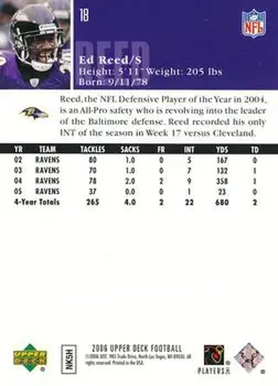 2006 Upper Deck #18 - Ed Reed - Baltimore Ravens - Back