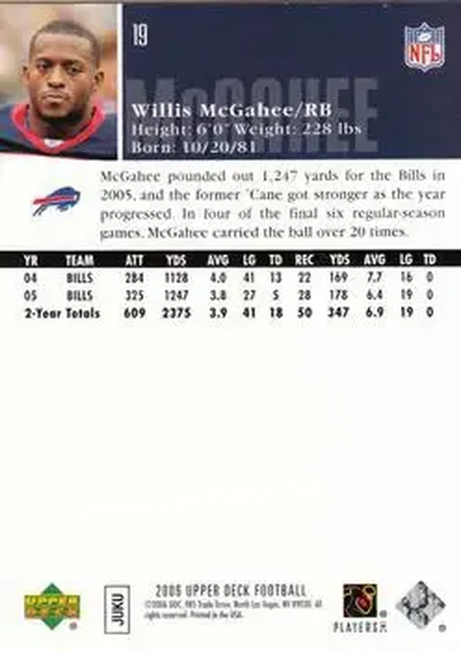 2006 Upper Deck #19 - Willis McGahee - Buffalo Bills - Back