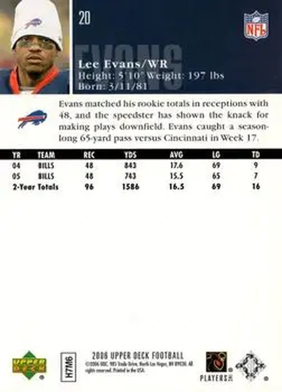 2006 Upper Deck #20 - Lee Evans - Buffalo Bills - Back