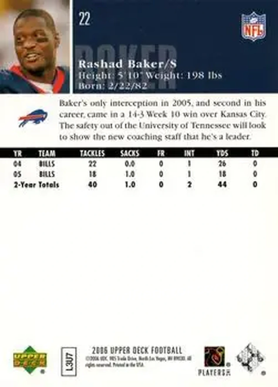 2006 Upper Deck #22 - Rashad Baker - Buffalo Bills - Back