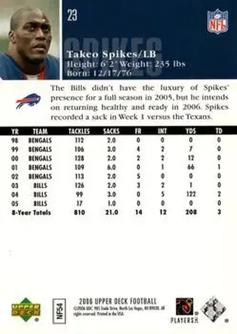 2006 Upper Deck #23 - Takeo Spikes - Buffalo Bills - Back