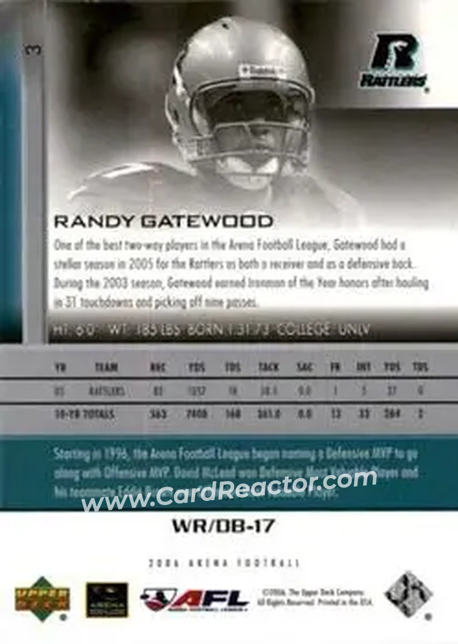 2006 Upper Deck AFL #3 - Randy Gatewood - Arizona Rattlers - Back