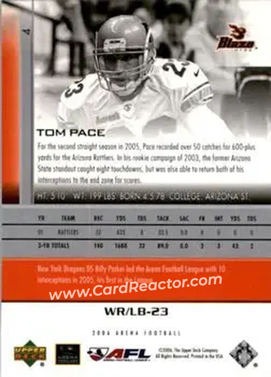 2006 Upper Deck AFL #4 - Tom Pace - Utah Blaze - Back