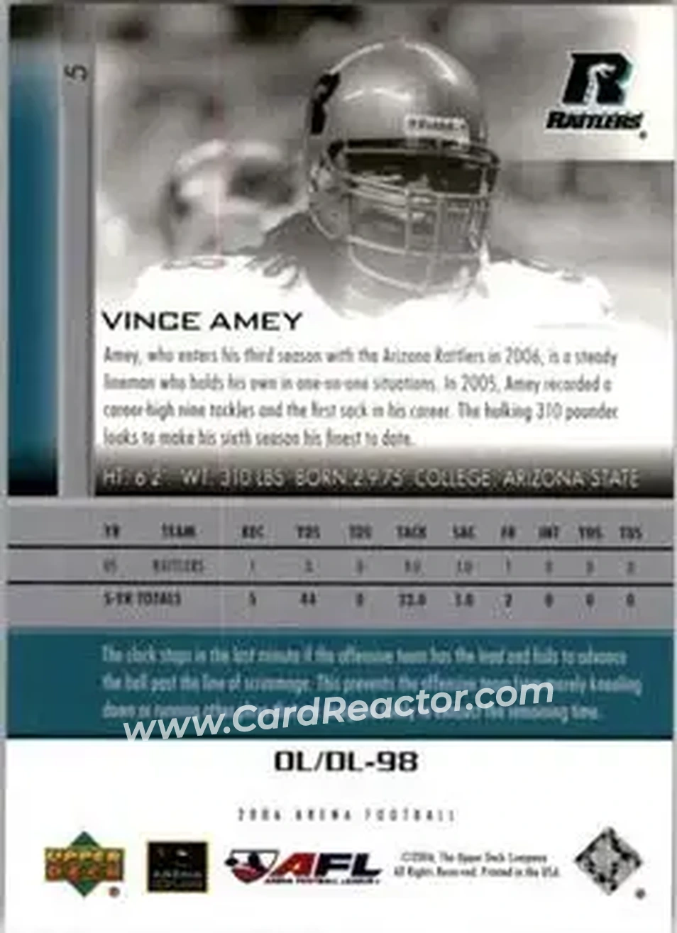 2006 Upper Deck AFL #5 - Vince Amey - Arizona Rattlers - Back