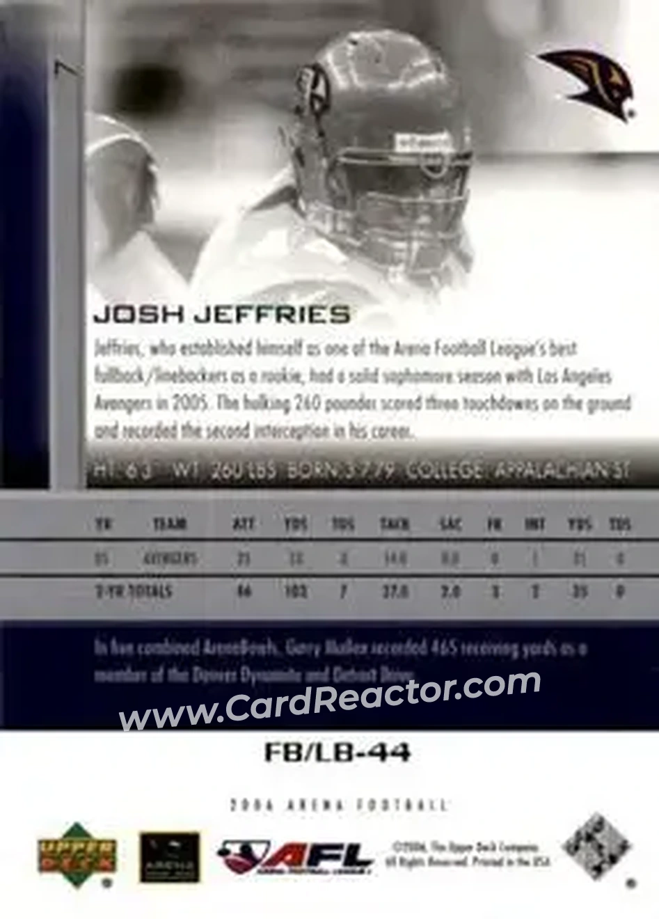2006 Upper Deck AFL #7 - Josh Jeffries - Los Angeles Avengers - Back