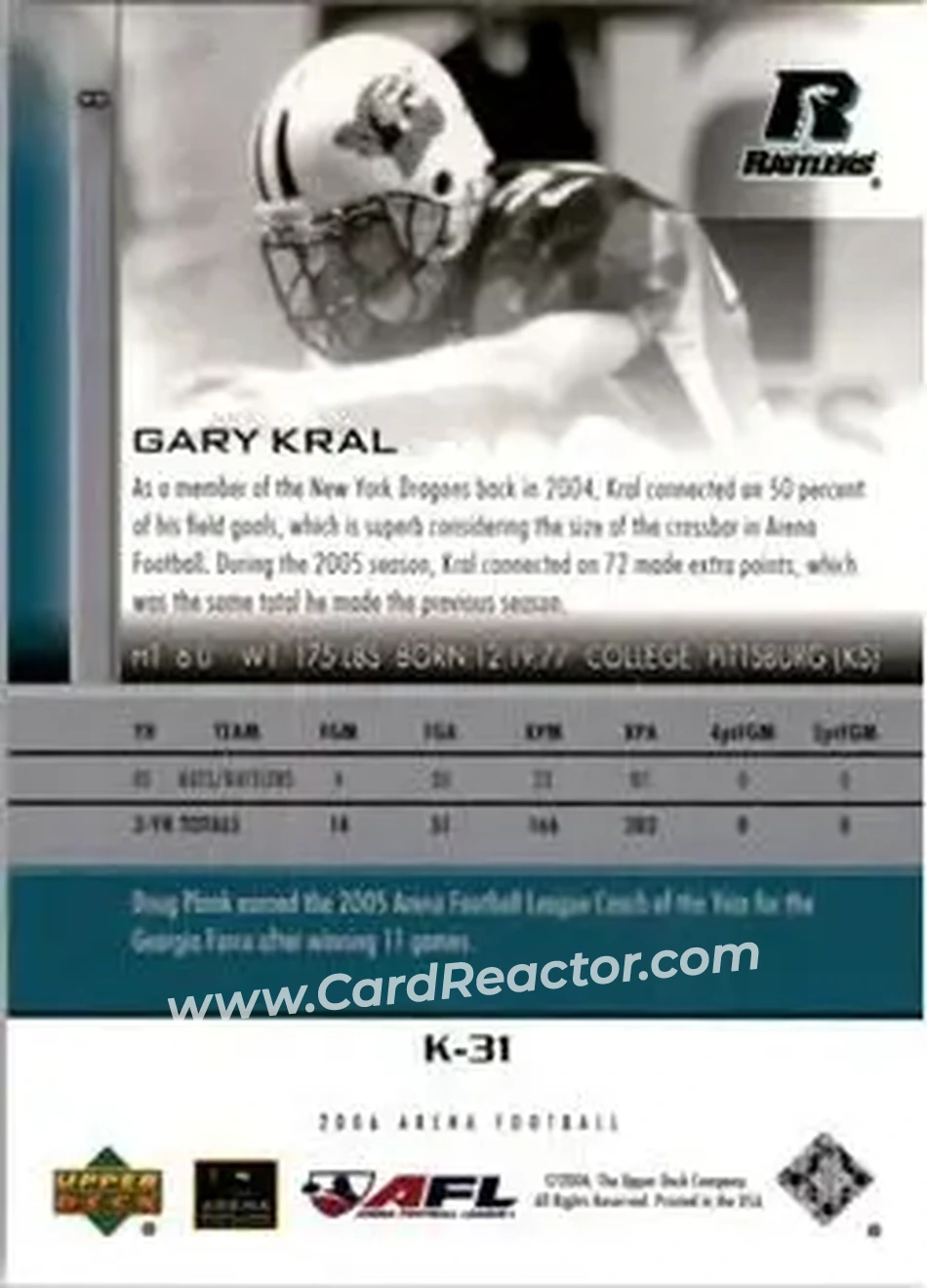 2006 Upper Deck AFL #8 - Gary Kral - Arizona Rattlers - Back