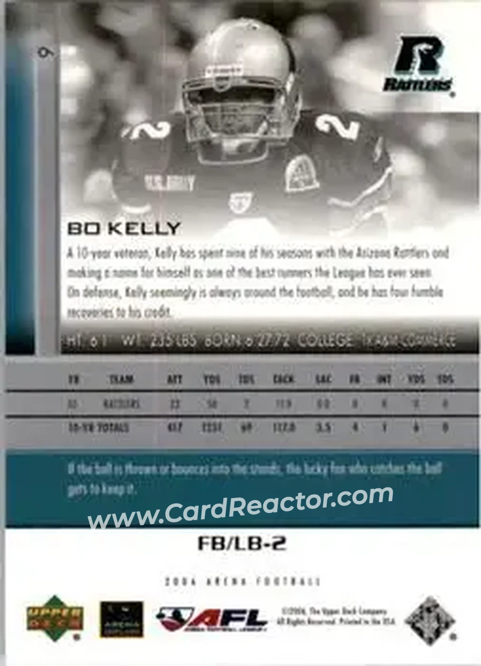 2006 Upper Deck AFL #9 - Bo Kelly - Arizona Rattlers - Back