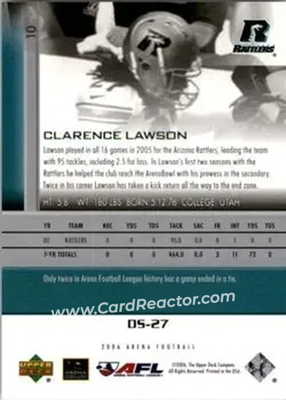 2006 Upper Deck AFL #10 - Clarence Lawson - Arizona Rattlers - Back