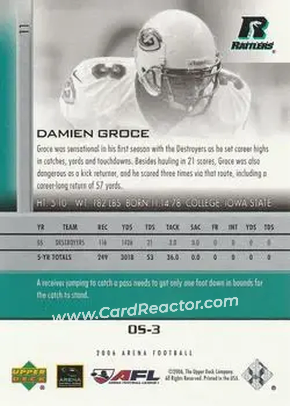 2006 Upper Deck AFL #11 - Damien Groce - Arizona Rattlers - Back