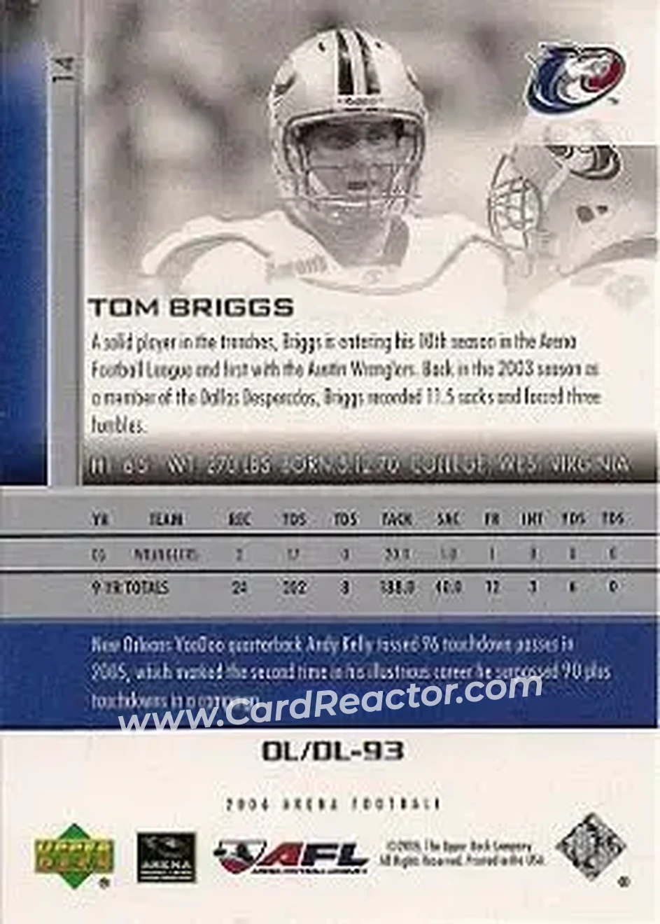 2006 Upper Deck AFL #14 - Tom Briggs - Austin Wranglers - Back