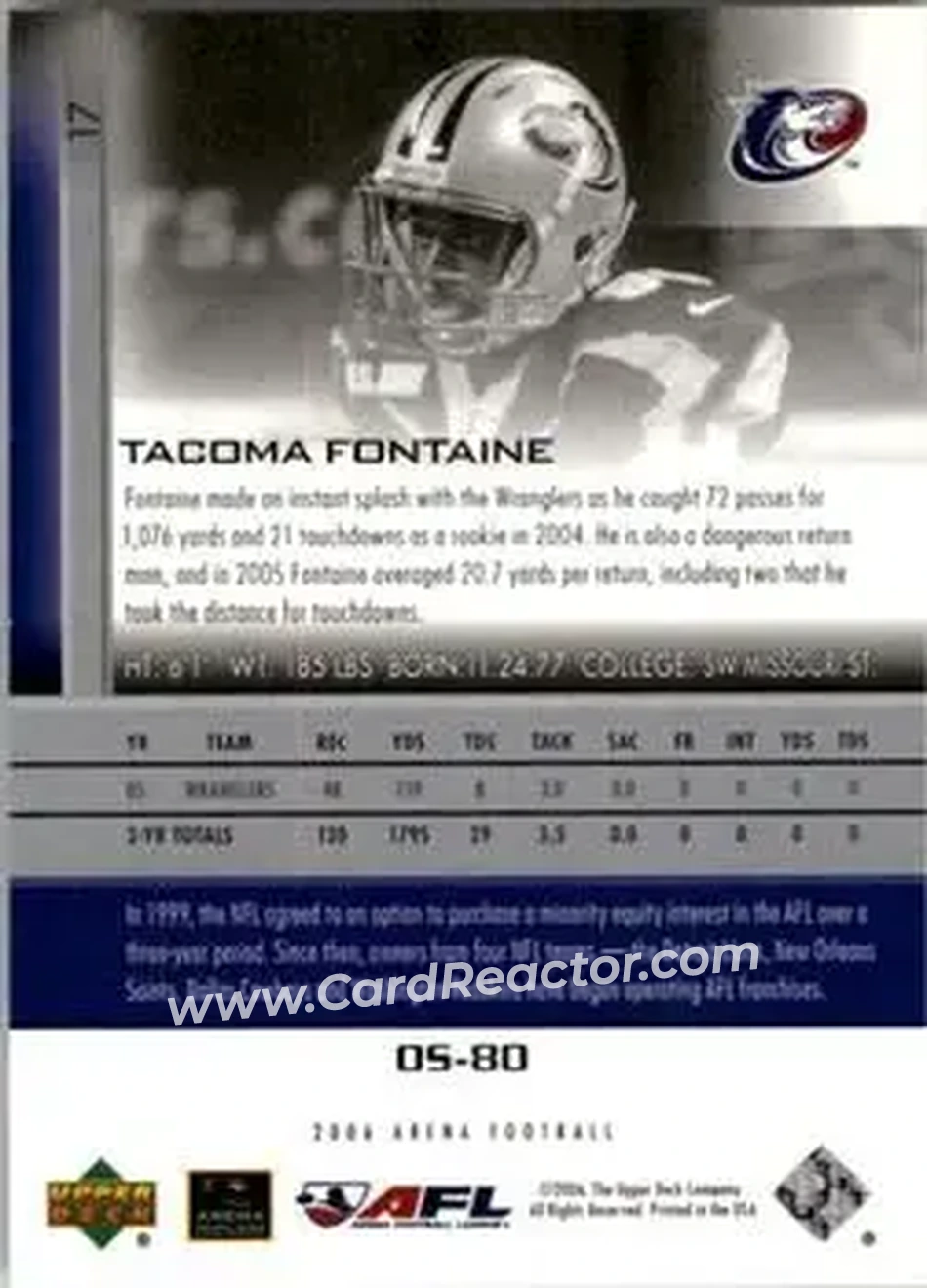 2006 Upper Deck AFL #17 - Tacoma Fontaine - Austin Wranglers - Back