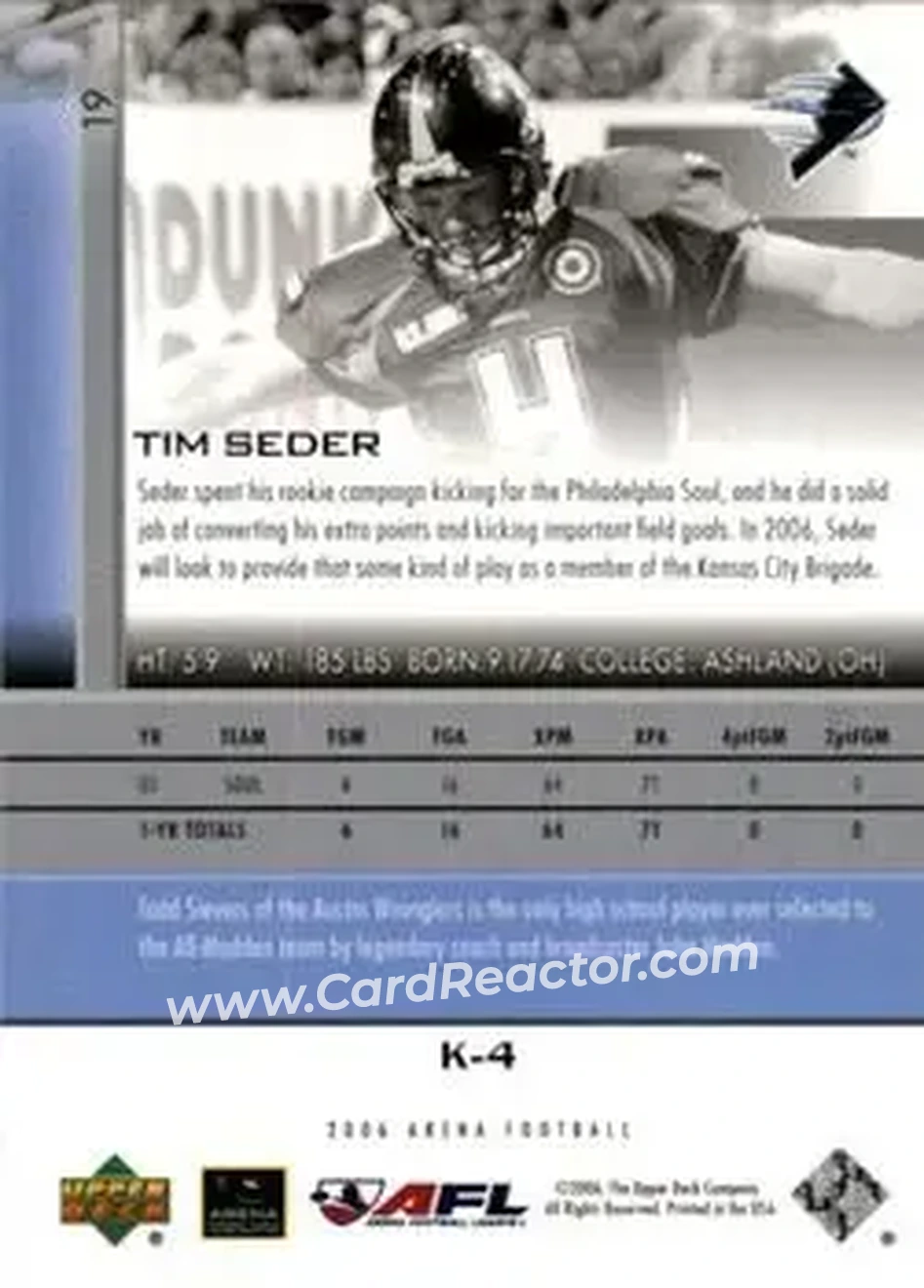 2006 Upper Deck AFL #19 - Tim Seder - Kansas City Brigade - Back