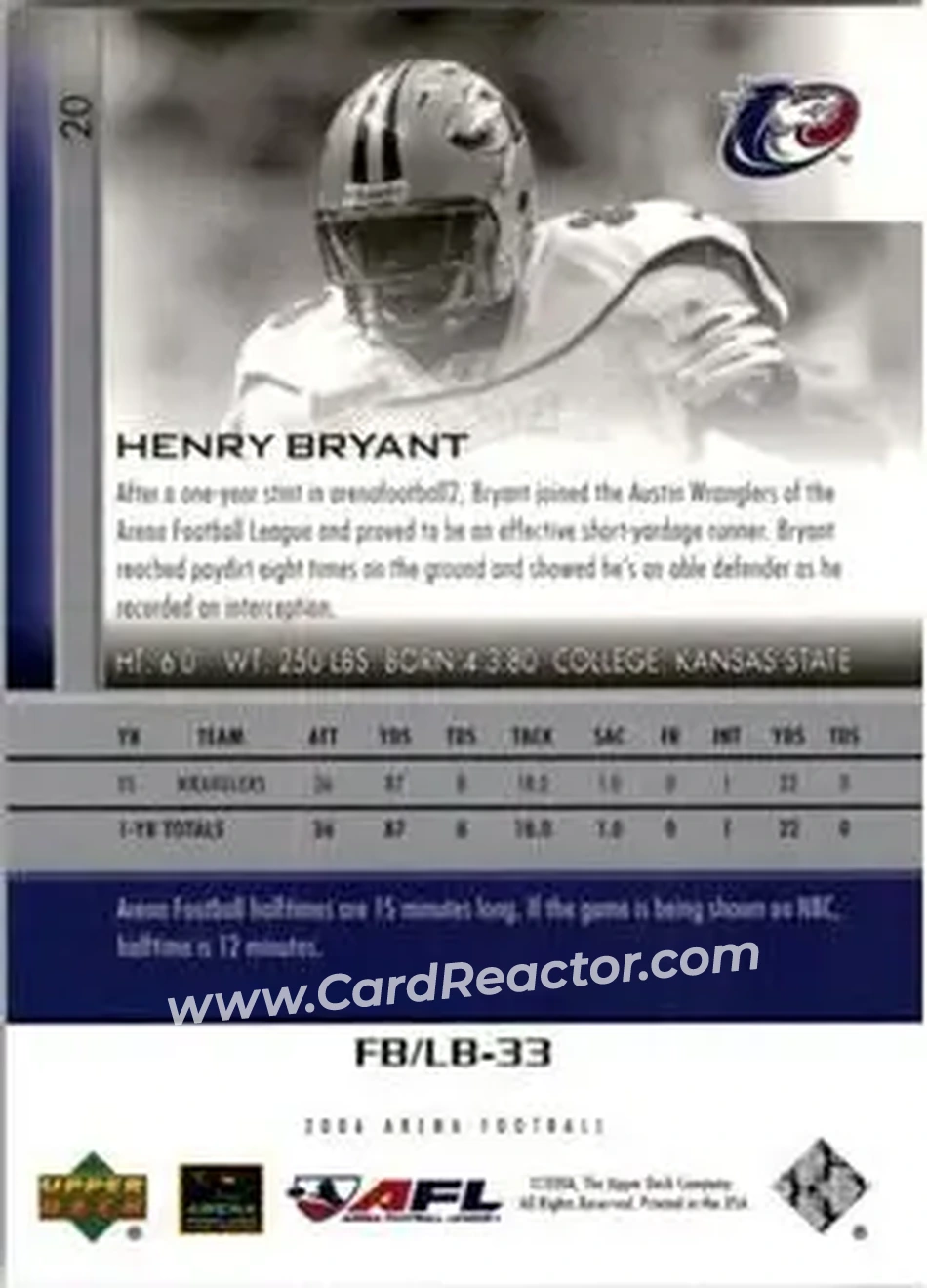 2006 Upper Deck AFL #20 - Henry Bryant - Austin Wranglers - Back