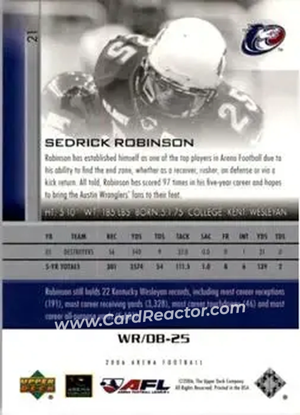 2006 Upper Deck AFL #21 - Sedrick Robinson - Austin Wranglers - Back