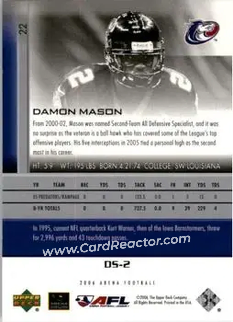2006 Upper Deck AFL #22 - Damon Mason - Austin Wranglers - Back
