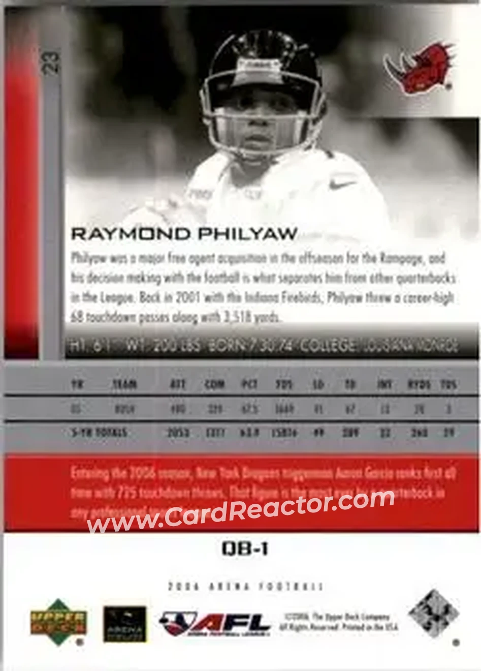 2006 Upper Deck AFL #23 - Raymond Philyaw - Grand Rapids Rampage - Back