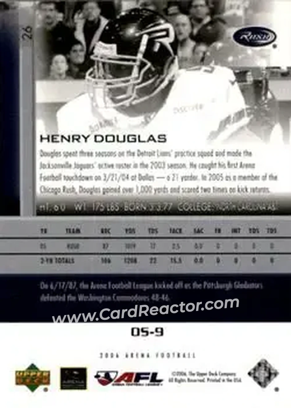 2006 Upper Deck AFL #26 - Henry Douglas - Chicago Rush - Back
