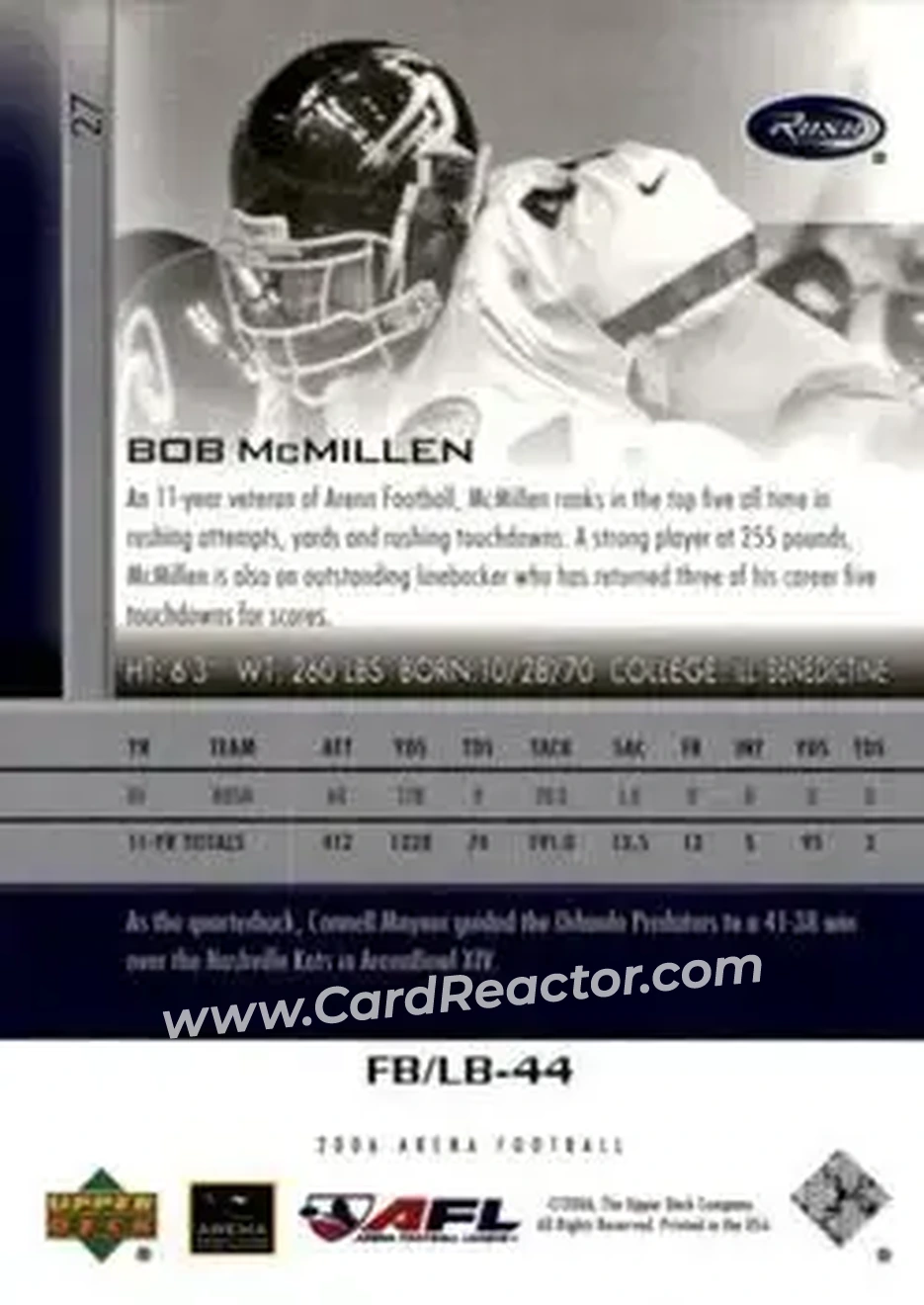 2006 Upper Deck AFL #27 - Bob McMillen - Chicago Rush - Back