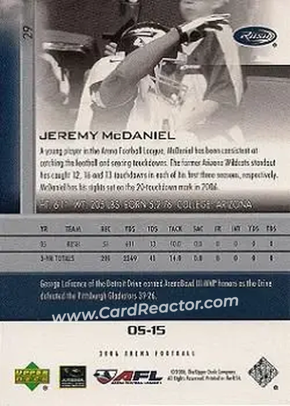 2006 Upper Deck AFL #29 - Jeremy McDaniel - Chicago Rush - Back