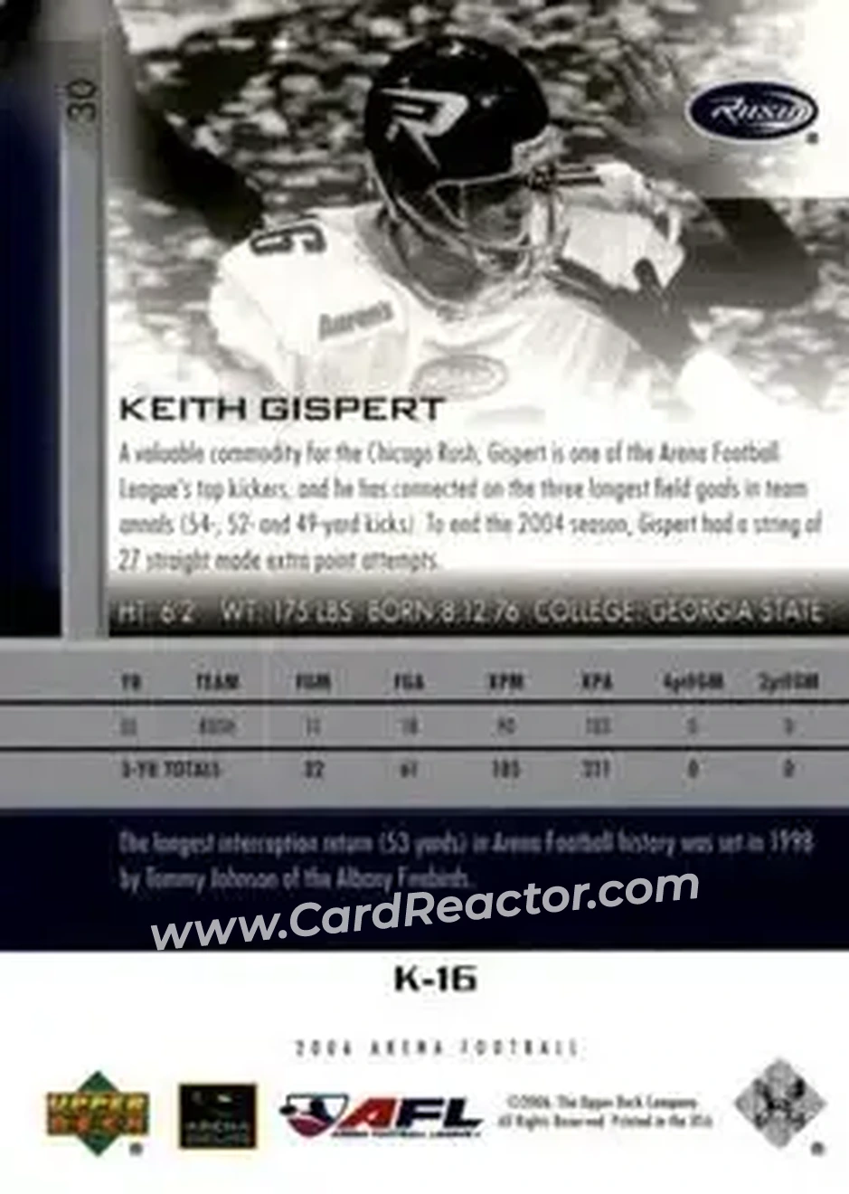 2006 Upper Deck AFL #30 - Keith Gispert - Chicago Rush - Back