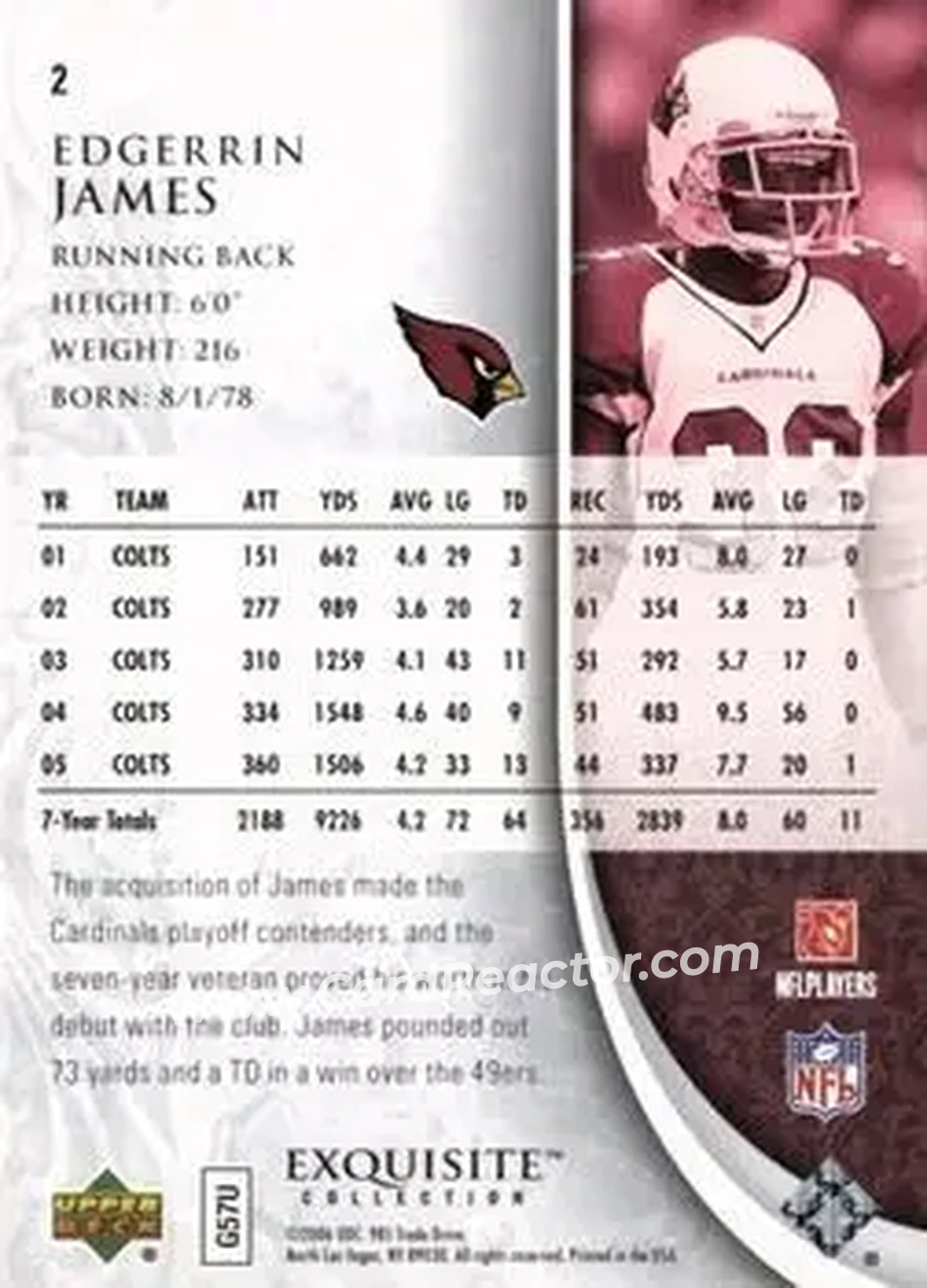 2006 Upper Deck Exquisite Collection #2 - Edgerrin James - Arizona Cardinals - Back 2006 Upper Deck Exquisite Collection #2 - Edgerrin James - Arizona Cardinals - Back