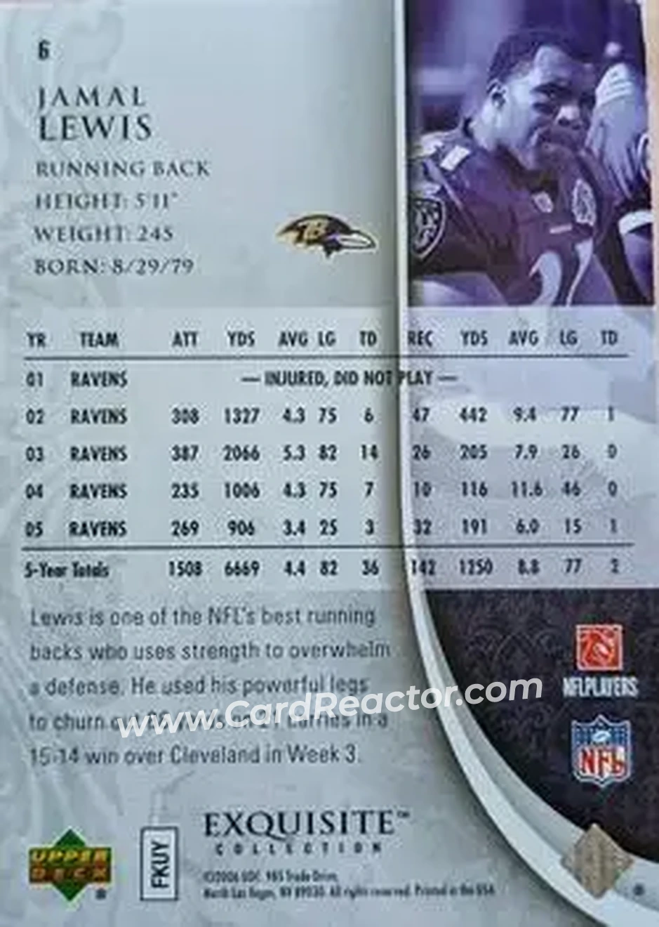 2006 Upper Deck Exquisite Collection #6 - Jamal Lewis - Baltimore Ravens - Back