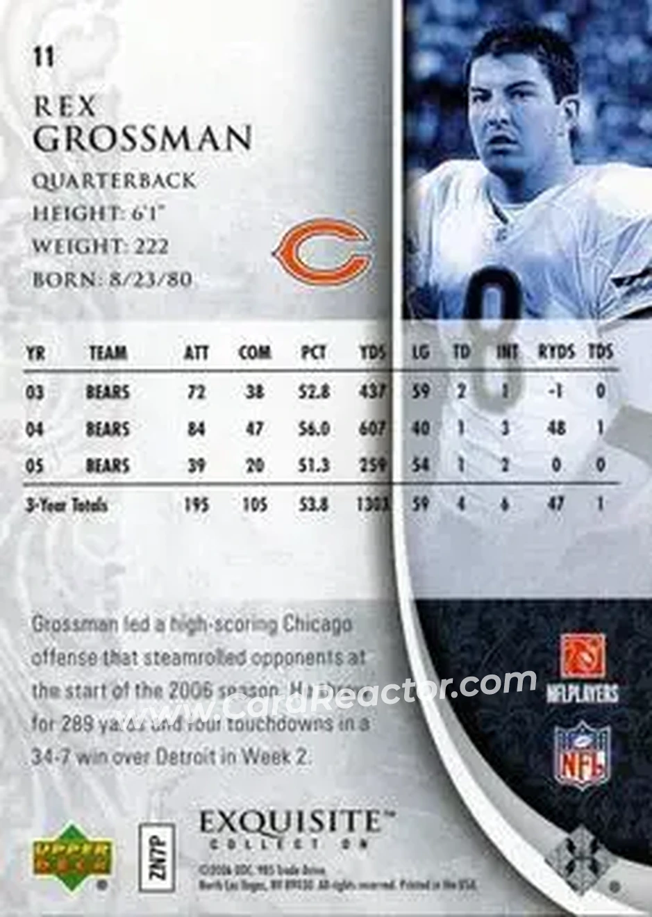 2006 Upper Deck Exquisite Collection #11 - Rex Grossman - Chicago Bears - Back