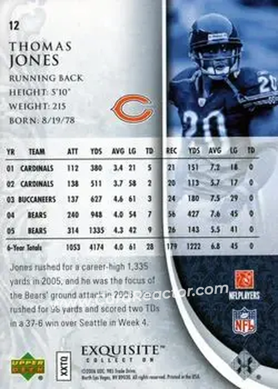 2006 Upper Deck Exquisite Collection #12 - Thomas Jones - Chicago Bears - Back