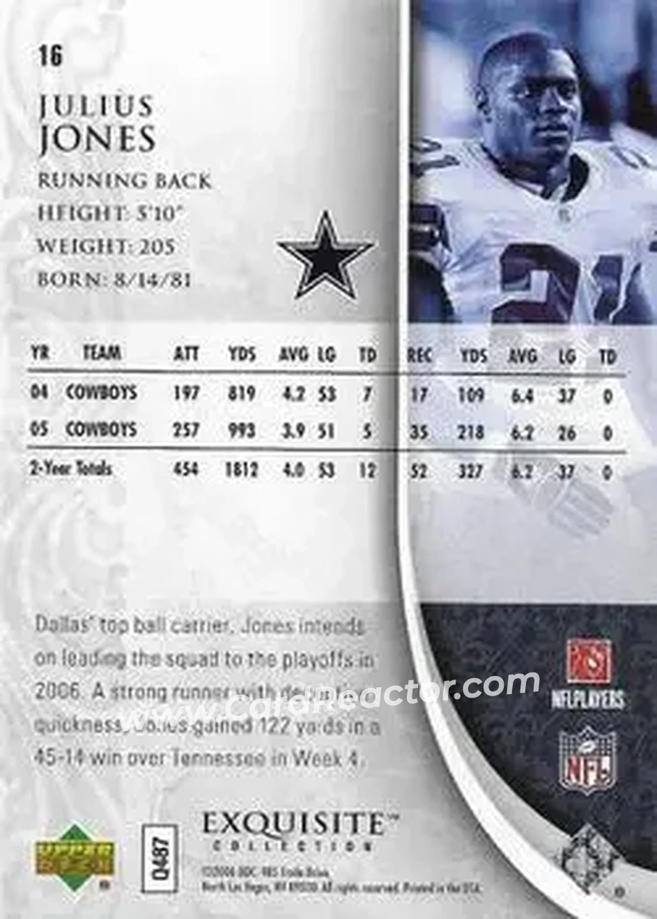 2006 Upper Deck Exquisite Collection #16 - Julius Jones - Dallas Cowboys - Back 2006 Upper Deck Exquisite Collection #16 - Julius Jones - Dallas Cowboys - Back