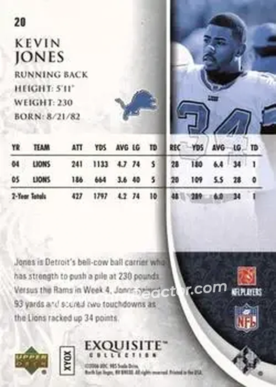 2006 Upper Deck Exquisite Collection #20 - Kevin Jones - Detroit Lions - Back 2006 Upper Deck Exquisite Collection #20 - Kevin Jones - Detroit Lions - Back