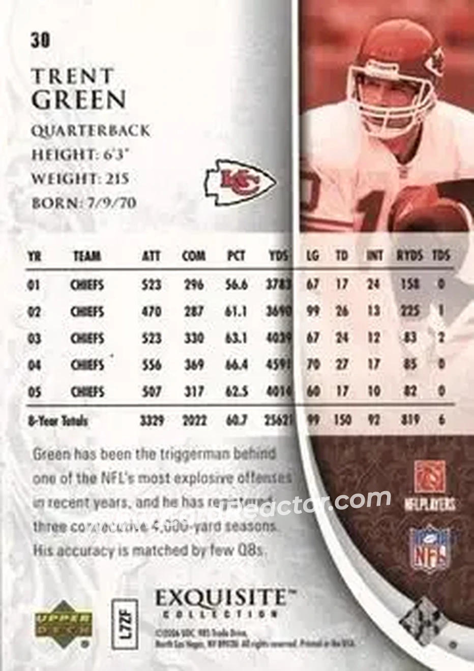 2006 Upper Deck Exquisite Collection #30 - Trent Green - Kansas City Chiefs - Back